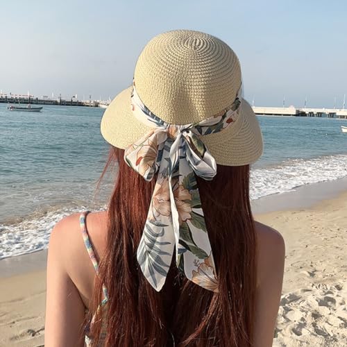 PALAY® Womens Straw Hat for Summer Wide Brim Sun Hats with Print Ribbon Fashion Beach Ladies Beige UV Protection Cap Lightweight Breathable 2 PCS PALAY® Womens Straw Hat for Summer Wide Brim Sun Hats with Print Ribbon Fashion Beach Ladies Beige UV Protection Cap Lightweight Breathable 2 PCS